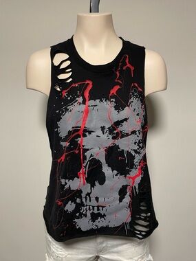 The Drive Clothing Shredded Distressed Ripped Graphic Skull Tank Size Medium